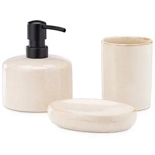 Navaris Badezimmer Set 3-teilig Sandoptik - dekoratives Badzubehör mit Zahnputzbecher, Seifenspender & Seifenschale - Bad Accessoires Sand Optik