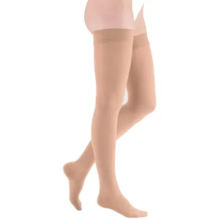 medi mediven plus Kompressions Schenkelstrümpfe Unisex | Medizinische Kompressionsstrümpfe CCL2 für Damen und Herren | Caramel | Größe V | offene Spitze | normal | Noppen-Haftband - 5 - Normal