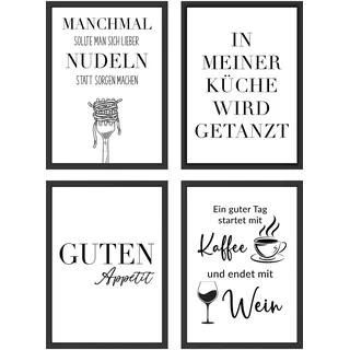 WBdesignz 4er Bilder Set für die Küche - Lustige Poster Wanddeko Bilderset mit Kaffee, Wein, Nudeln und Sprüchen (DIN A4 ohne Rahmen)