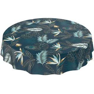 ANRO Wachstuchtischdecke abwaschbar Garten Tischdecke Wachstuch Rund Oval Eckig Indoor Outdoor Blätter Gold Blau Rund 140cm Wachstischdecke wasserabweisend Gartentischdecke Meterware pflegeleicht