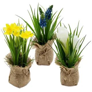 Spetebo Deko Kunstblume im Jutesäckchen 19 cm - 3er Set - Kunstpflanze klein mit Blumen und Büten im Topf - Tischdeko Kunst Frühlingsblume Zimmerpflanze Narzisse Hyazinthe Krokus künstlich