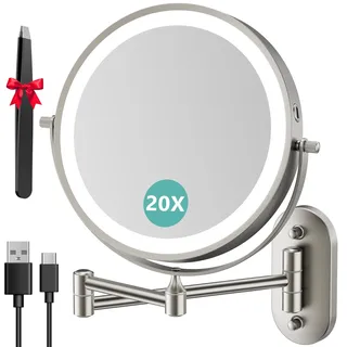 Auxmir Kosmetikspiegel mit Beleuchtung, 1X/20X Wiederaufladbar Schminkspiegel, 3200mAh Rasierspiegel Wandmontage, Dimmbar Vergrößerungsspiegel mit 3 Lichtfarben, 360° Drehbar für Badezimmer und Hotel