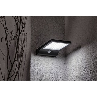 LED Solar Wandleuchte Fassadenleuchte für den Außenbereich mit Bewegungs-Sensor in schwarz | 108 x 190 x 30mm (B. x L. x H.) | 300 Lumen | Kaltweiß