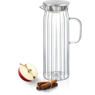 Wilmax | Glaskaraffe mit Deckel aus Edelstahl | 1500ml | Wasserkaraffe aus geriffeltem Glas | Wasserkrug für Saft, Wasser, Eistee, Milch | Glaskaraffe | Wasserkanne | Spülmaschinenfest
