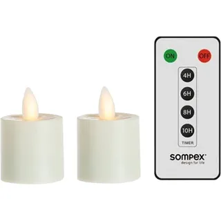 SOMPEX LED-Kerze 2er Set Sompex Flame LED Teelicht (Set, 3-tlg., 2 Teelichter, Höhe 3,1cm, Durchmesser 3,6cm, 1 Fernbedienung), mit Timer, Echtwachs, täuschend echtes Kerzenlicht gelb