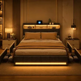 Polsterbett Doppelbett 180x200 cm, Staufach-Kopfteil mit LED und USB Ladestation, Bett 180x200 mit Bettkasten und Lattenrost, Jugendbett Funktionsbett Stauraumbett mit 4 Schubladen, Leinen