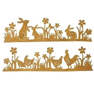 RiloStore 2er Set Metall Landschaft Hasen Hühner Rost Deko 44cm lang Stecker Osterhase Deko Zaun Metallzaun Dekostecker