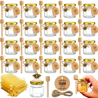 20 Stück 45ml Kleine Honiggläser mit Deckel, Honiglöffel, Bienen Anhänger, Dankeskarten, Jutes & Organzabeutel, Hexagonale Marmeladengläser, Mini Glas Honigglas Gläser für Baby Dusche, Hochzeit, Party