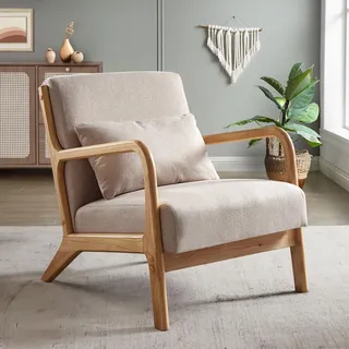 Sicaan Skandinavischer Sessel Marie Beige – Bequemer Leinenstuhl mit Kissen – Elegantes Retro-Design mit Holzarmlehnen für Wohnzimmer oder Schlafzimmer – 65 x 84 x 74 cm