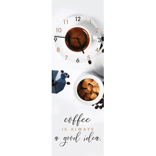 Wanduhr Coffee Idea - lautlose Uhr aus Glas Made in EU - Glasuhr inklusive Wandaufhängung - Wanduhr ohne Tickgeräusche mit Metallzeiger - Kaffee Küchenuhr rechteckig Küche Tasse weiß - 20 x 60 cm