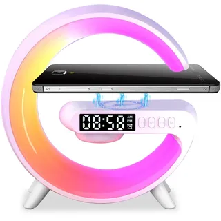 Nachttischlampe mit Uhr und Ladestation, 5W Radiowecker mit Licht und Ladefunktion Dimmbar G Lampen LED Lampe Bluetooth Lautsprecher, Intelligente Tischlampe mit 10 Lichtfarbe für Nachttisch (Weiß)