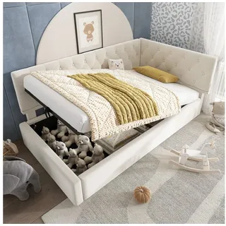 TavilaEcon Boxspringbett Polsterbett, Tagesbett, Schlafsofa mit hydraulischem Stauraum, mit Lattenrost aus Holz, ohne Matratze, 90×200cm beige