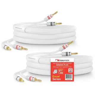 Nakamichi 24K vergoldeter Bananenstecker mit Lautsprecherkabel, 99,9% sauerstofffreies Kupfer (OFC), robustes geflochtenes Kabel, CL2-zertifiziert - Weiß (12AWG / 6 Fuß / 1,8 Meter) 2er-Pack