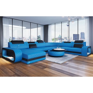 Sofa Dreams Wohnlandschaft Ledersofa Berlin XXL U Form Mini, Deignersofa, mit LED Licht und USB blau|schwarz