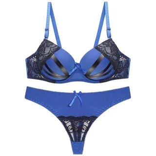 Set aus BH und Höschen in Übergröße, Damen-Push-up-BHs und bequemes Tanga-Set mit Spitze bedruckt mit Blumenmuster (Farbe: Blau, Größe: 95C) - 95C