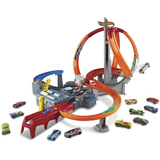 Hot Wheels Autorennbahn Mega Crash Superbahn, mit Looping Tracks und Kurven, inkl. 1 Spielzeugauto und 2 Starter, Auto Spielzeug, Spielzeug ab 6 Jahre, CDL45