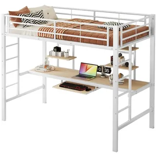 XDOVET Hochbett mit Schreibtisch und zwei Bücherregalen 90 x 200 cm MDF weiß
