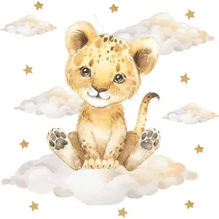 Pandawal Kinderzimmer Deko Wandtattoo Löwe mit Wolken Sterne Mädchen Junge Wandsticker Baby Safari Tiere Wandaufkleber (L, Löwe)