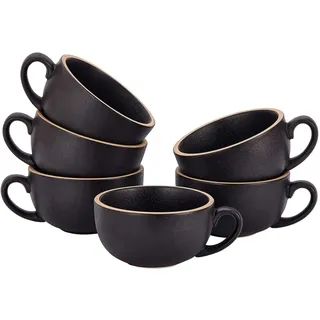 Coffeezone Set mit 6 Tassen im Vintage-Design, 340 ml, professionelle Barista-Keramik, Latte Art, Cappuccino-Tassen, raues Schwarz, 6 Stück