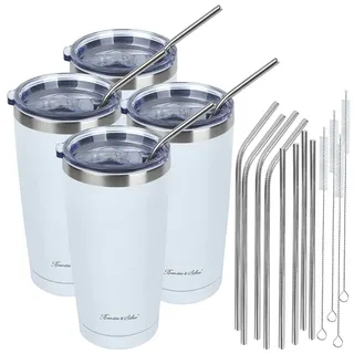 Rosenstein & Söhne Becher: 4er-Set doppelwandige Isolierbecher, weiß, 600 ml, Edelstahl (Isolierbecher mit Deckel, für Smoothie, Kfz)