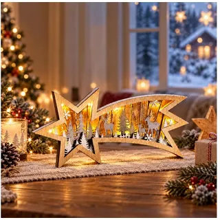 Weltbild LED-Dekofigur LED Deko Sternschnuppe Winterwald Holzstern 36 cm Weihnachtsdeko, Holzstern Sternschnuppe Winterdeko Adventsdeko Lichterdeko Tischdeko bunt