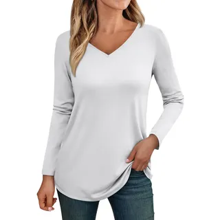 Langarmshirt Damen Einfarbiges V-Ausschnitt Longshirt Locker Sportshirt Herbst Oberteile Casual Leichte T Shirt Langarm Long Sleeve Elegant Ausgefallene Bluse
