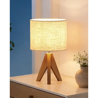 EDISHINE Nachttischlampe Vintage Tischlampe Holz mit Stoffschirm, inkl. Leuchtmittel, LED wechselbar, Warmweiß, Lampenschirm aus Leinen, für Deko, Schlafzimmer, Wohnzimmer