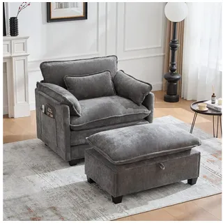 BlingBin Relaxsessel Loungesessel Polsterstuhl Sessel mit Fußstütze (1er Set, 1-St., Relaxsessel mit Hocker, 103x85x91cm), Samt-Loungesessel mit Seitentaschen und Kissen, für Wohnzimmer grau