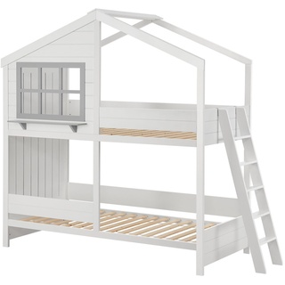 Juskys Kinder Hochbett Traumhaus 90x200 cm - Kinderbett mit Dach, 2 Betten & Lattenrost - Bett Weiß
