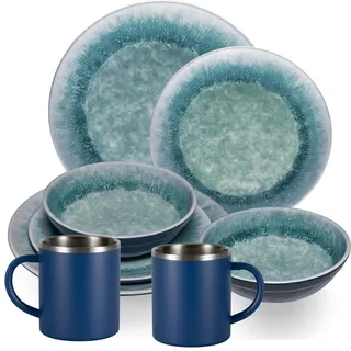 Melamin Geschirr Set Adria Blue Blau mit Edelstahl Thermo Tassen Camping