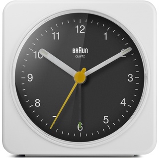 Braun Classic Analog Alarm Clock with Snooze and Light, Quiet Quartz Sweeping Movement, Crescendo Beep Alarm in White and Black, Model BC03WB