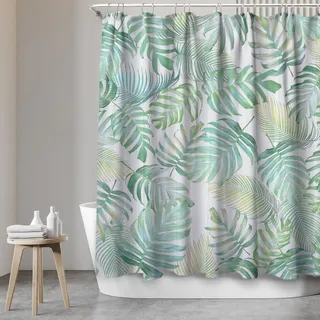 SANFINO Duschvorhang 180x200 inkl. 12 Ringe - Wasserdichter Duschvorhang mit Motiv für Badewanne und Dusche, Anti-Schimmel Badevorhang Textil, Antibakteriell & Öko-Tex Zertifiziert - Tropical Leaves