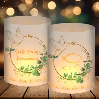 12 Windlicht Tischdeko Kommunion, Erstkommunion Deko Junge Mädchen, Erste Heilige Kommunion Deko Eukalyptus Grün, Erstkommunion Geschenke Gastgeschenke, Kommunionsgeschenke, für Teelichter oder Kerzen