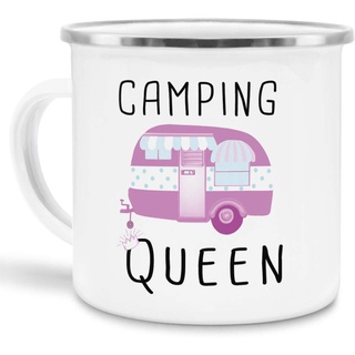 Tassendruck Emaille Tasse Camping lustig - Geschenk zum Camping/Tasse für Coole Camper/Geschenk-Idee Campingfreunde - Camping Queen - groß Silber Rand