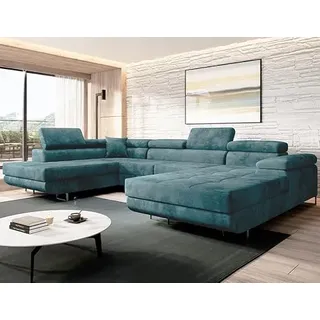 Easy4You Türkis Ecksofa Varberg Velours in U-Form 345 x 72 x 205 cm mit Schlaffunktion und Bettzeugbehälter - Schlafsofa mit Bettkasten - Eckcouch mit Stauraum - Stoff: Monolith 72