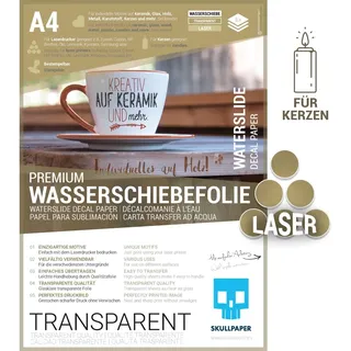 SKULLPAPER® Wasserschiebefolie TRANSPARENT für Laserdrucker - hauchdünn DIY Decal Abziehbild - Nassschiebefolie für Keramik, Glas, Kerzen, Metall, Kunststoff, Modellbau (A4-8 Blatt)