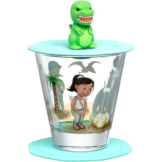 LEONARDO Bambini Avventura Kinderglas mit Deckel und Untersetzer - Trinkglas mit Motiv aus hochwertigem Glas - Größe S, Inhalt 215 ml - Spülmaschinengeeignet - 3-teiliges Set mit Motiv Dino, 023678