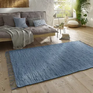 Taracarpet Handwebteppich Läufer Fleckerl Teppich Uni waschbar aus Baumwolle für Wohnzimmer und Küchenteppich 090x160 cm blau