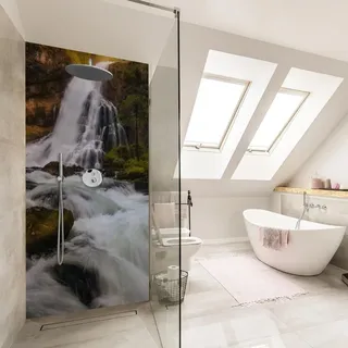 Duschrückwand Natur selbstklebend - 0.35 mm Wandpaneel wasserfest Wasserfall grün Motiv Badrückwand fugenlos Smart matt 90x200 cm - Grün