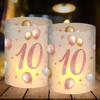 12 Windlicht Tischdeko, Deko 10. Geburtstag Mädchen, Geburtstagsdeko 10 Geburtstag, 10 Jahre Happy Birthday Tischdeko Rosegold, Geschenk Mädchen 10 Jahre, Geeignet für Teelichter oder Kerzen