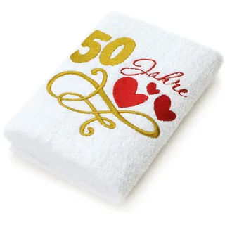 Abc Casa Geschenk -Handtuch zum 50 Geburtstag mit aufgestickten Herzen und 50 Jahre für Frauen und Damen - 50 jähriges Jubiläum Geschenkidee - 50 Jahre Geburtstagsgeschenk