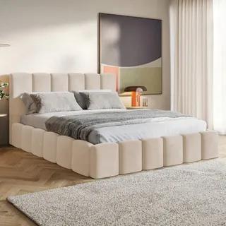 MOTIVENA Nunu Bubble Polsterbett 160x200 mit Bettkasten, Holz Lattenrost, Bubble Bett 160x200 Beige Samt (Amor 04) - Beige/Creme
