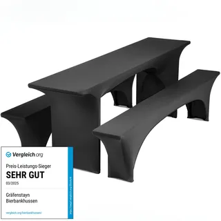 Gräfenstayn® Leopold Stretch - Biertischhussen-Set 3tlg. für Bierzeltgarnitur - 50cm oder 70cm Tischbreite - mit Öko-Tex Siegel Standard 100 : "Geprüftes Vertrauen (Schwarz, 50x220)