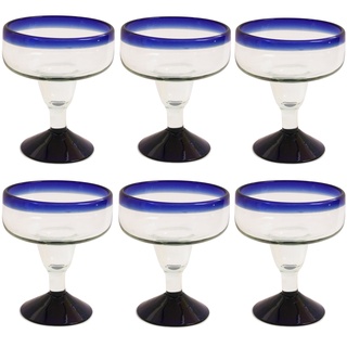 Handgemachtes Margarita Glas - mittlere Größe - recyceltes Glas - Blauer Rand - Set aus 6 Gläsern