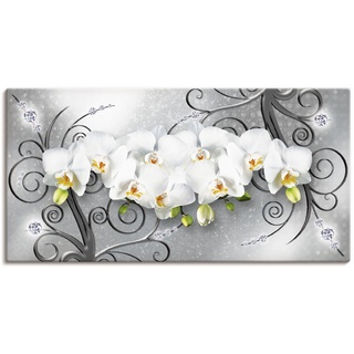 Wandbild ARTLAND "weiße Orchideen auf Ornamenten" Bilder Gr. B/H: 150 cm x 75 cm, Leinwandbild Blumenbilder Querformat, 1 St., grau Kunstdrucke