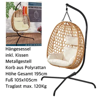 Hängesessel mit Gestell bis 120Kg braun Hängestuhl Schaukel Hängekorb mit Kissen