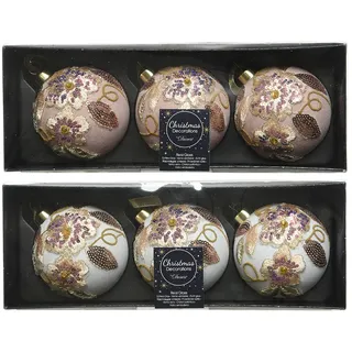 Decoris Weihnachtskugeln mit Motiven Glas 8cm x 6 Stück Blumen Pailletten Christbaumkugeln rosa winterweiß