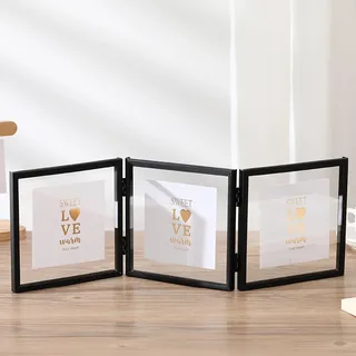 Whoiy Bilderrahmen Schwarz Metall Quadratisch für 3 bilder Vertikal, Kleine Fotorahmen 10x10 Dreifach Gefaltet Acrylglas Tischaufsteller Hochzeit Weihnachten Geburtstag Geschenk