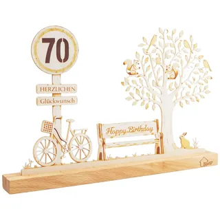 BlueXP 70 Geburtstag Dekofigur Metall Holzsockel Geschenk Männer Frauen | Edle Geburtstagsdeko zum 70. Geburtstag mit Herz Baum Bank und Fahrrad Design ideal als Tischdeko Geldgeschenk
