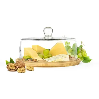 Sendez Glasglocke mit Schneidebrett 28cm Käseglocke Glashaube Kuchenglocke aus Holz und Glas